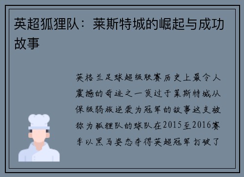英超狐狸队：莱斯特城的崛起与成功故事