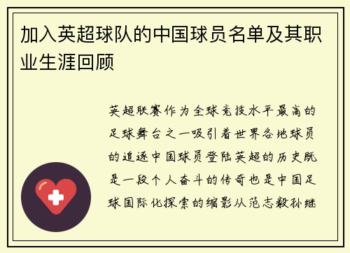 加入英超球队的中国球员名单及其职业生涯回顾